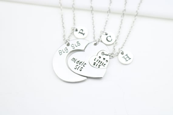 Personalized 3 Sisters Necklace Set: Puzzle Heart Charm