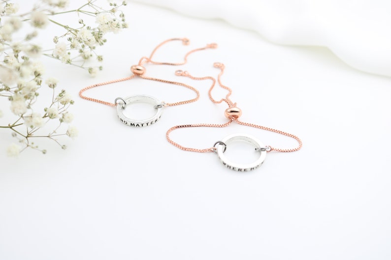 Sisters Jewelry Set for 2, Two Sisters Bracelets, 2 Syster gifts, Adjustable Copper Chains, Promise Silver Monogram, Twin granddaughters image 4