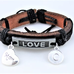 Personalized Initial Leather Bracelet: Custom Charm Bangle