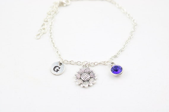 Sunflower Charm Anklet: Personalized Initial Birthstone Silver Ankle Chain
