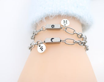 Sun and Moon Matching Bracelets: Personalized Initial Charm Friendship Gifts