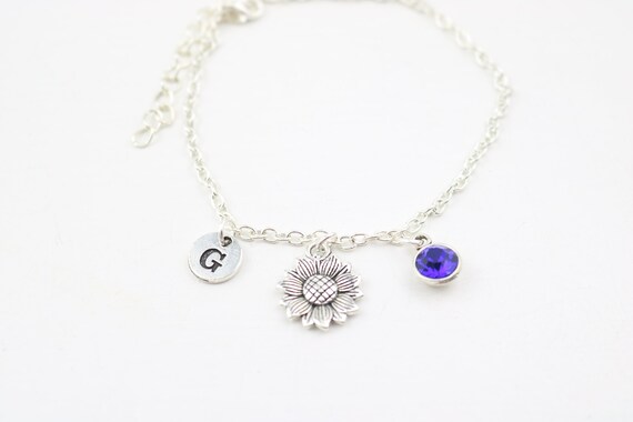 Sunflower Anklet Silver Sun Flower Charm Monogram Initial Birthstone Jewelry Personalized Gift Woman Adjustable Silver Link Chain Ankle Etsy