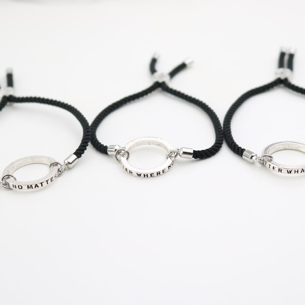 3 cadeaux Best Friends, ensemble d’amitié de 3, BFF pour trois, bracelets assortis, graduation, cordon noir minimaliste, bagues de promesse réglables