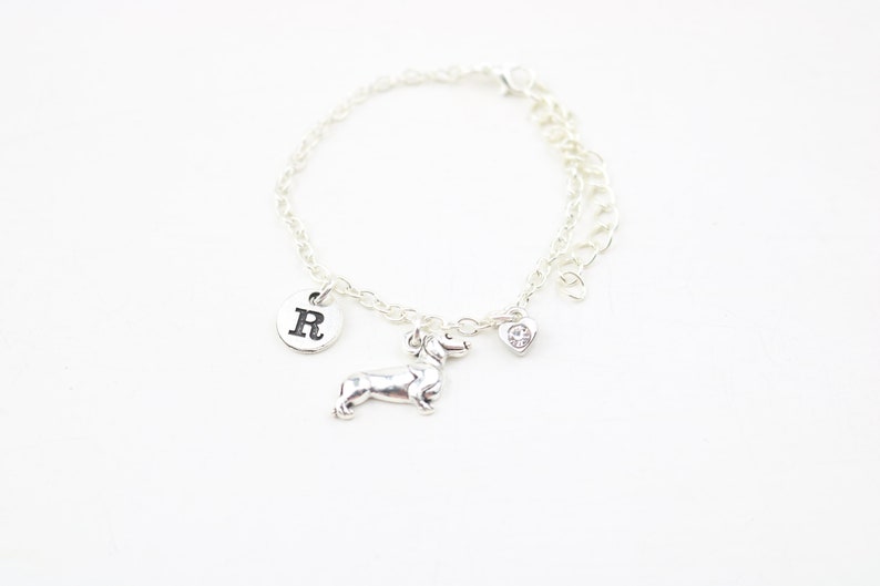 Dog Bracelet Dog owner gift silver sausage dog charm Doxie bracelet Wiener gift birthstone jewelry gift monogram gift Weenie dog gift