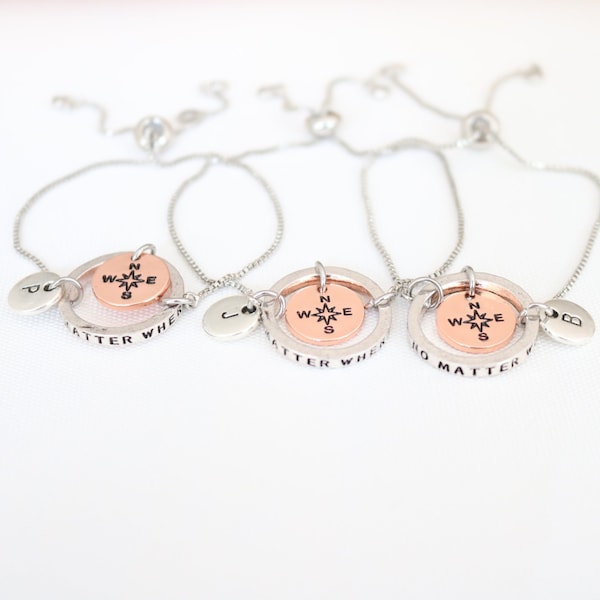 Sister Jewelry Set of 3, Sister Bracelet for 3, 3 Sister gifts, long distance, triplets gifts, three daughters, Birthday, Christmas, compass