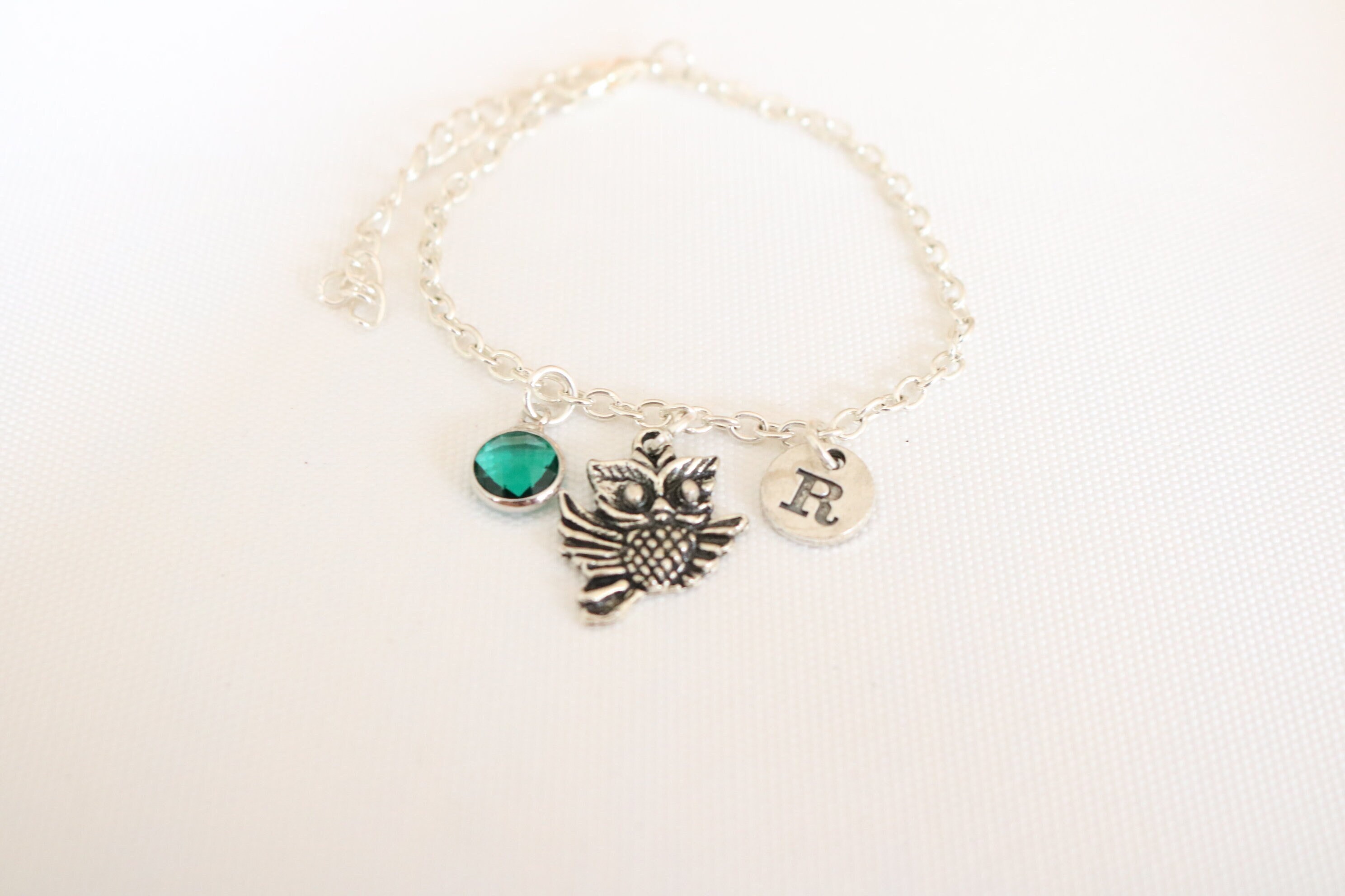 Owl Charm Bracelet: Personalized Initial, Birthstone, Silver-Plated Jewelry