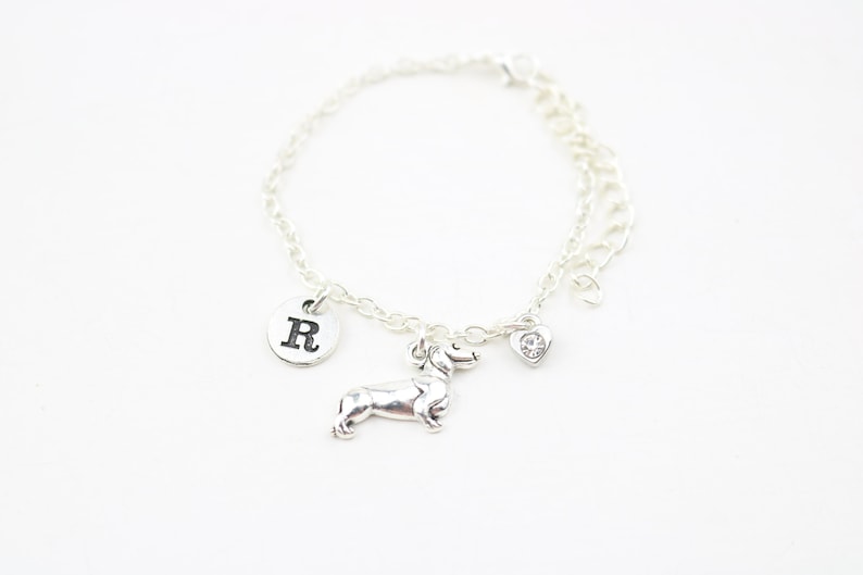 Dog Bracelet Dog owner gift silver sausage dog charm Doxie bracelet Wiener gift birthstone jewelry gift monogram gift Weenie dog gift