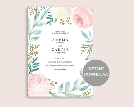 Wedding Invitation Template Printable INSTANT DOWNLOAD Watercolor Invitation Floral Peonies Flowers Invite Editable diy Invitation WI043