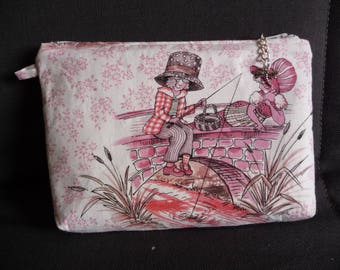 Romantic fabric and faux leather hand made pouch.