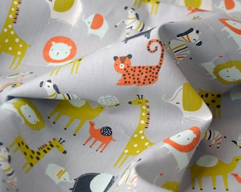 Organic Cotton Poplin Fabric (GOTS) Safari Animals | By Poppy | light gray