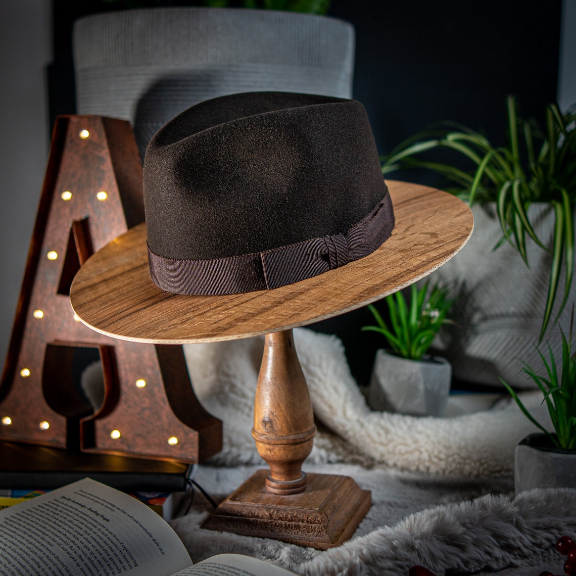 Fedora dark brown hat with wooden brim image 1