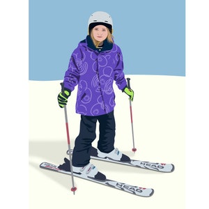 Retrato de hija, Ilustración + fondo simple, Estación de esquí, ilustración de cuerpo entero, vacaciones de invierno, retrato de vacaciones para el recuerdo