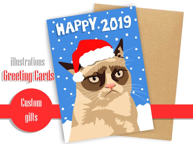 Grumpy Cat Happy 2019 New Year Card I Greeting Cards Instant Download