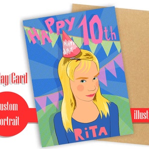 Personalize seu retrato no cartão de aniversário | cara dos desenhos animados no cartão postal | retrato personalizado a partir de foto | retrato personalizado de pop art