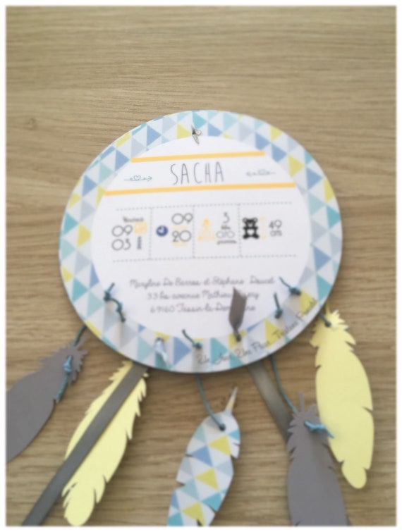 Faire Part De Naissance Attrape Rêves Couleur Bleu Jaune Et Gris