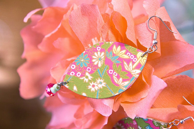 casual or elegant handmade jewelry,cheap gift idea for friend or girlfriend green and pink earrings with flowers fantasy Handmade earrings