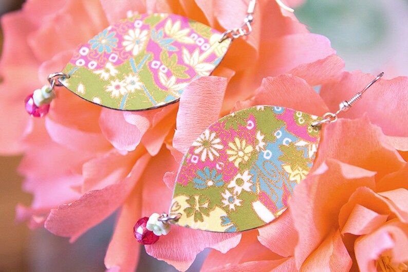 casual or elegant handmade jewelry,cheap gift idea for friend or girlfriend green and pink earrings with flowers fantasy Handmade earrings