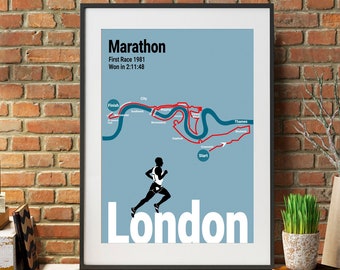 Marathon Running print, Personal gift for Marathon runner, London Marathon route map