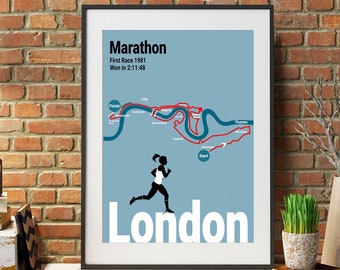 Marathon Running print,  Personal Gift for Marathon runner, London Marathon route map, Female runner poster
