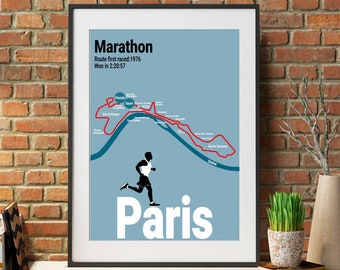 Impresión artística personalizada con el mapa de la ruta del maratón de París para corredores