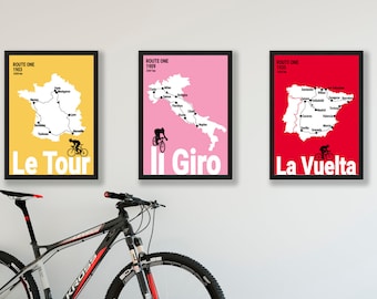 Set di 3 poster ciclistici, mappe dei percorsi del Tour de France, del Giro d'Italia, della Vuelta