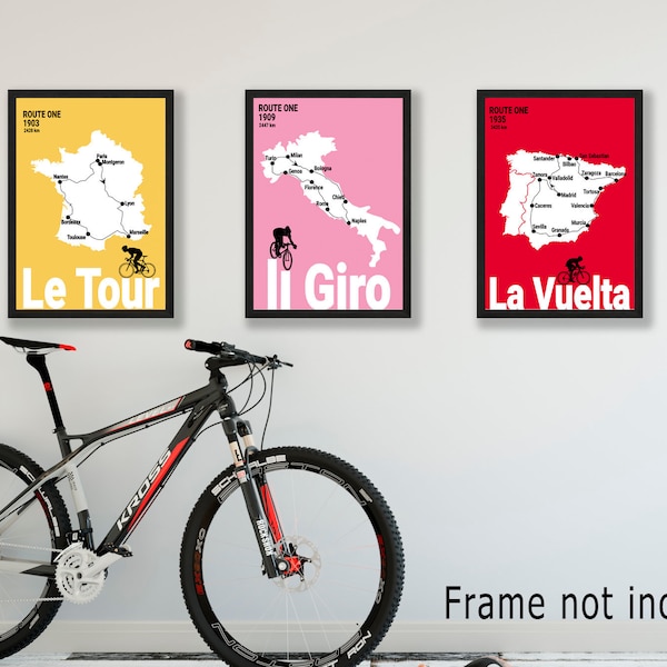 Set of 3 cycling posters, Tour de France, Giro d'Italia, La Vuelta route maps