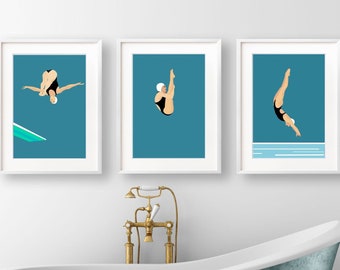 Elegant Art Deco Diving & Swimming Pool Prints: Bathroom Wall Decor Gift Set for Swimmer