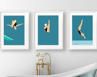 Diving print set, Swimming pool art, Art Deco Bathroom prints