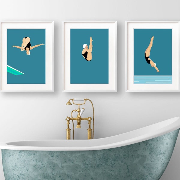 Diving print set, Swimming pool art, Art Deco Bathroom prints
