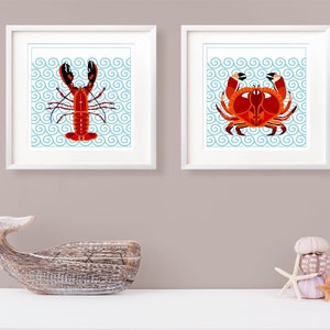 Crab art print, lobster art print, Set of 2 beach prints