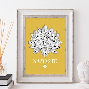 Stampa artistica di mandala di loto con Namaste, regalo per gli amanti dello yoga, decorazione da parete boho