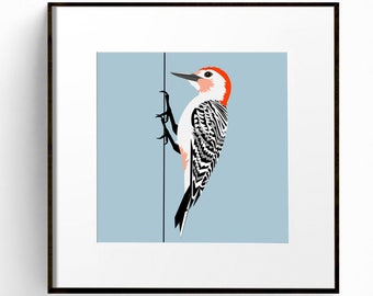 Woodpecker print, Woodland bird illustration