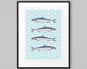 Sardines print, Fish illustration, Seaside decor, Nautical print