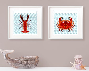 Crab art print, lobster art print, Set of 2 beach prints