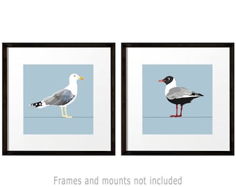 Coastal Seagull Wall Art Prints Set: Nautical Beach House Decor, Seaside Bird Illustration Gift
