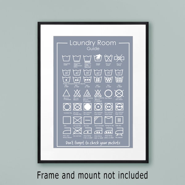 Laundry symbols sign, Laundry instructions guide poster, Laundry room decor