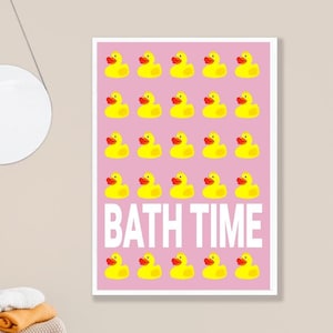 Whimsical Rubber Duck Bathroom Wall Art: Funny Pink Kids Bath Time Illustration Print Poster