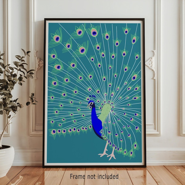 Elegant Teal Peacock Bird Art Print, Decorative Wildlife Illustration for Bedrooms