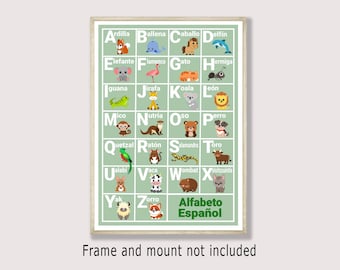 May include: A framed Spanish alphabet chart featuring colorful illustrations of animals for each letter. The chart includes the text "Alfabeto Español" and is set against a light green background. The frame and mount are not included.