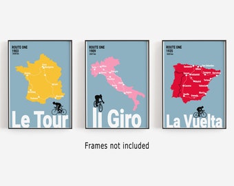 Cycling print set, Grand Tour route maps, Gift for Cyclist