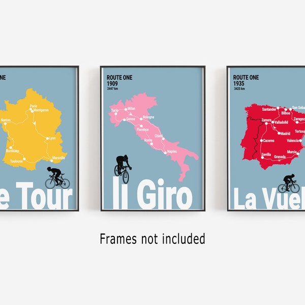 Ensemble d'impressions cyclistes, cartes des itinéraires du Grand Tour, cadeau pour cycliste