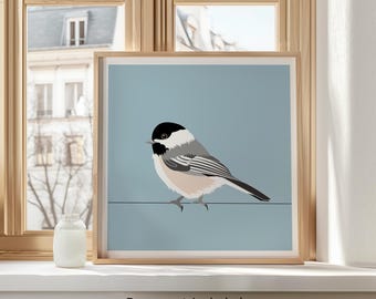 Encantadora ilustração minimalista de um pequeno pássaro: uma linda ilustração de chapim-de-cabeça-preta para decoração de parede e presente para amantes da natureza.