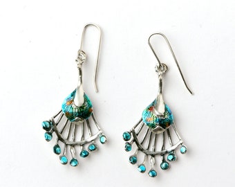 Silver peacock earrings