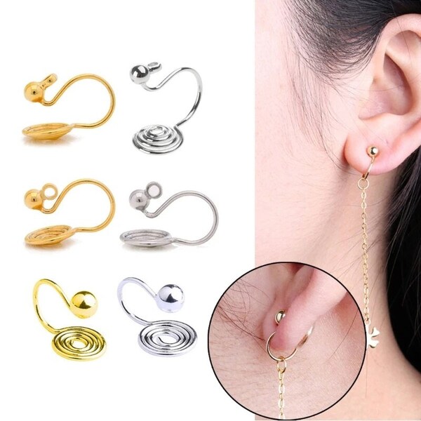 une paire de supports clips convertisseurs Boucles d'oreilles en spirale en acier inoxydable argent ou or