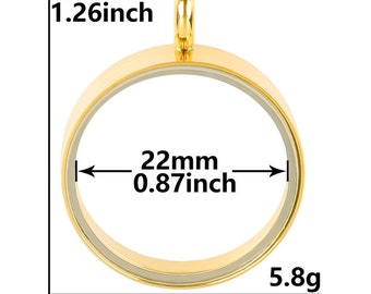 collier Médaillon rond flottant / Pendentif en acier doré inoxydable et verre transparent