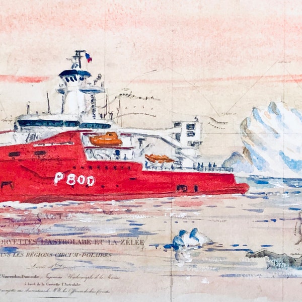 Aquarelle originale sur tirage de carte marine : patrouilleur polaire l’Astrolabe