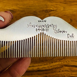 Custom mustache comb stainless steel anniversary gift hand stamped personalized mustache comb beard comb 11th anniversary gift for him