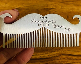 Custom mustache comb stainless steel anniversary gift hand stamped personalized mustache comb beard comb 11th anniversary gift for him