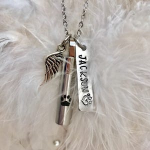 May include: Silver necklace with a small urn, a paw print charm, and a tag that says "JACKSON" with a heart. The necklace is on a white feathery background.