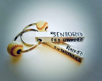 Personalized softball Senior 2025 key chain  hand stamped softball metal key ring high school senior gift personalized coach gift.